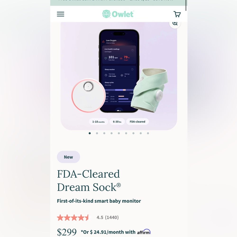 Owlet Dream Sock **never used/opened** Track sleep trends and help baby